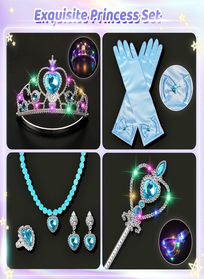 STOPKLAS Princess Dress Up Accessories, Light Up Wand Crown 7Pcs Princess Dress Up Set with Gloves Tiara Necklace Earrings Bracelet and Ring Gift Set for 3-6 Toddler Kids Girls Cosplay Party, Blue - Image 3